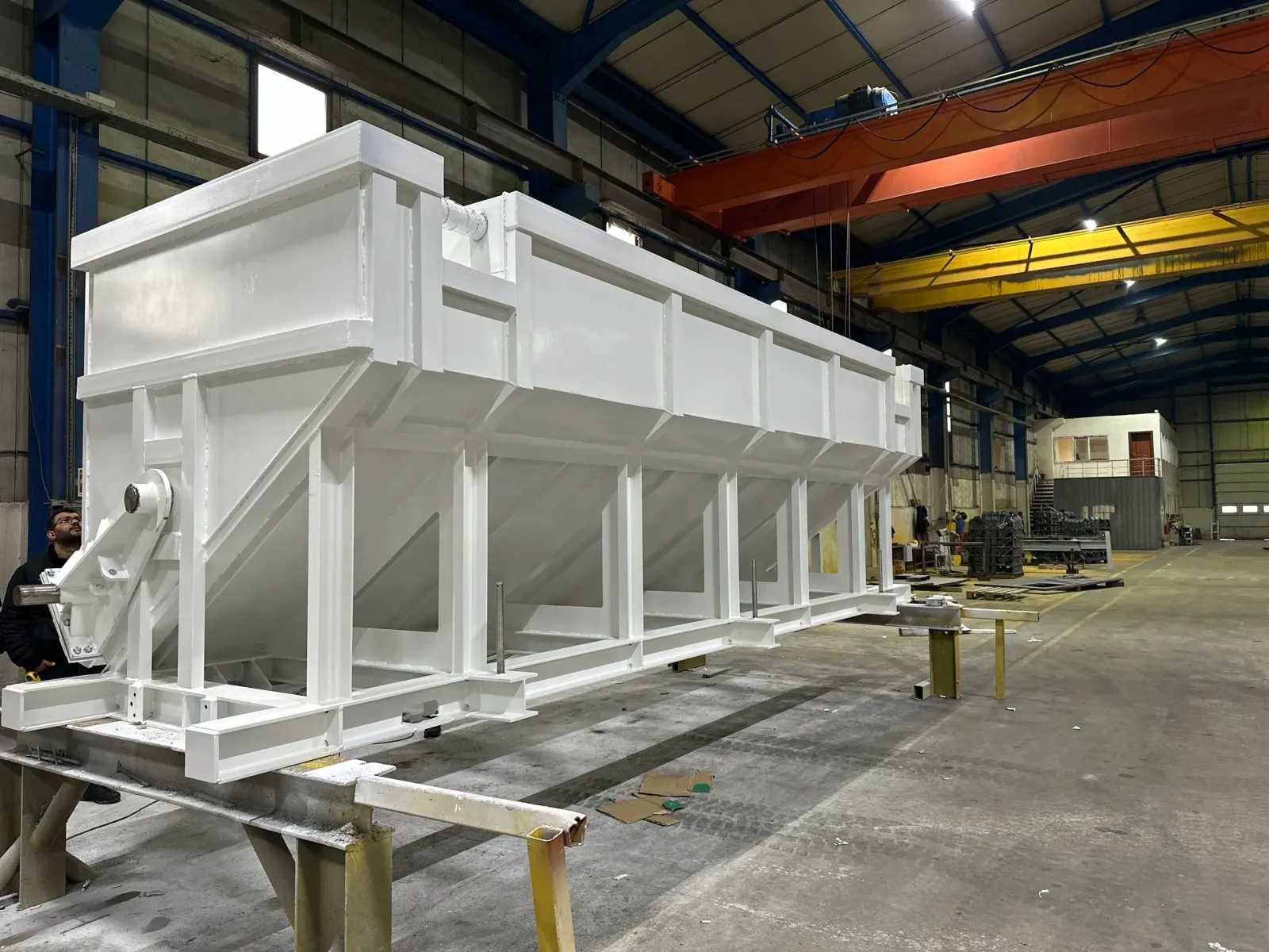 Large steel hopper tank in the workshop